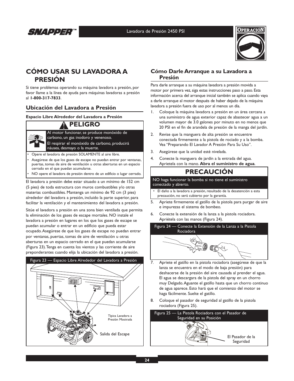 Cómo usar su lavadora a presión, Precaución, Peligro | Ubicación del lavadora a presión, Cómo darle arranque a su lavadora a presión | Snapper 020229 User Manual | Page 24 / 32