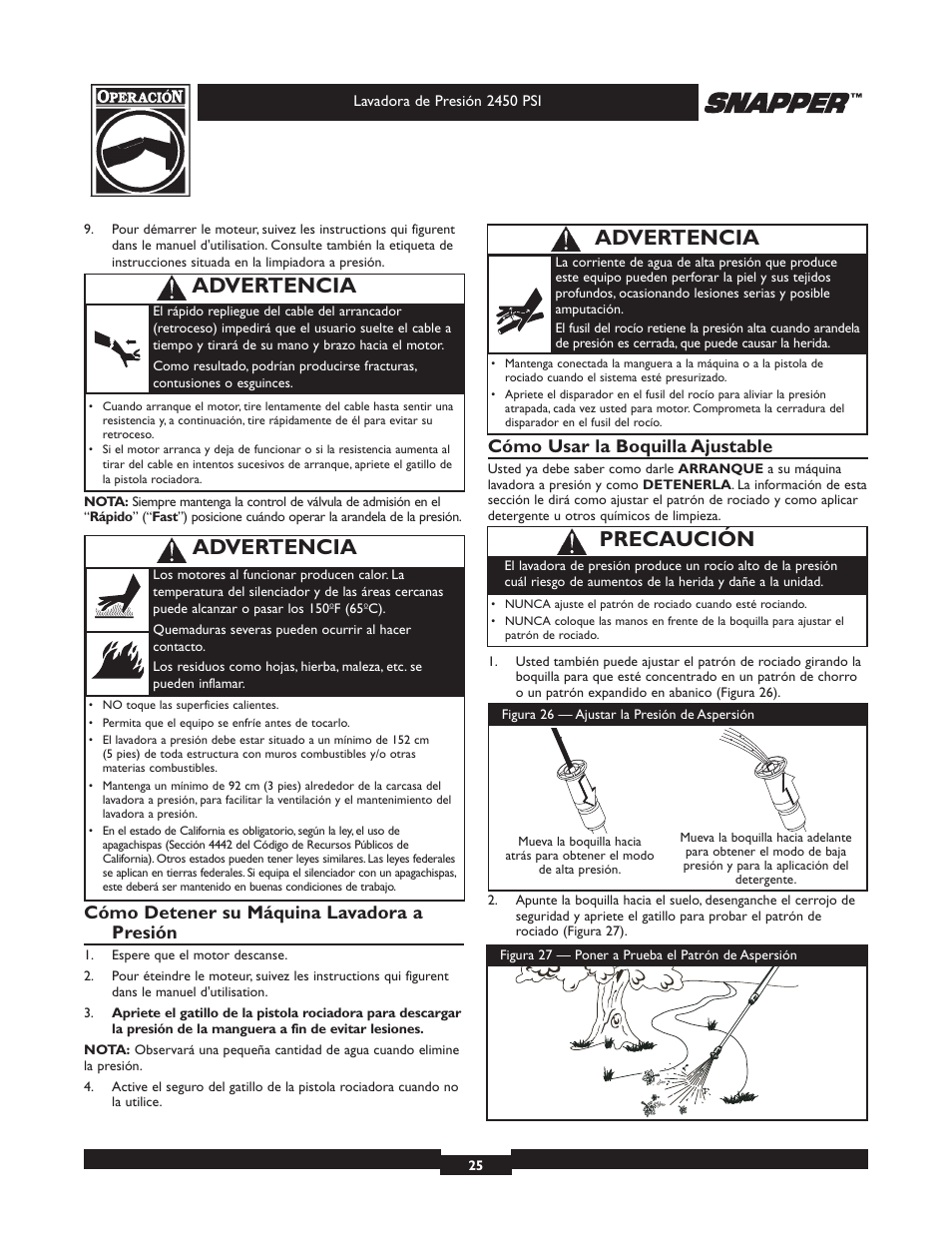 Precaución, Advertencia, Cómo detener su máquina lavadora a presión | Cómo usar la boquilla ajustable | Snapper 020229 User Manual | Page 25 / 32