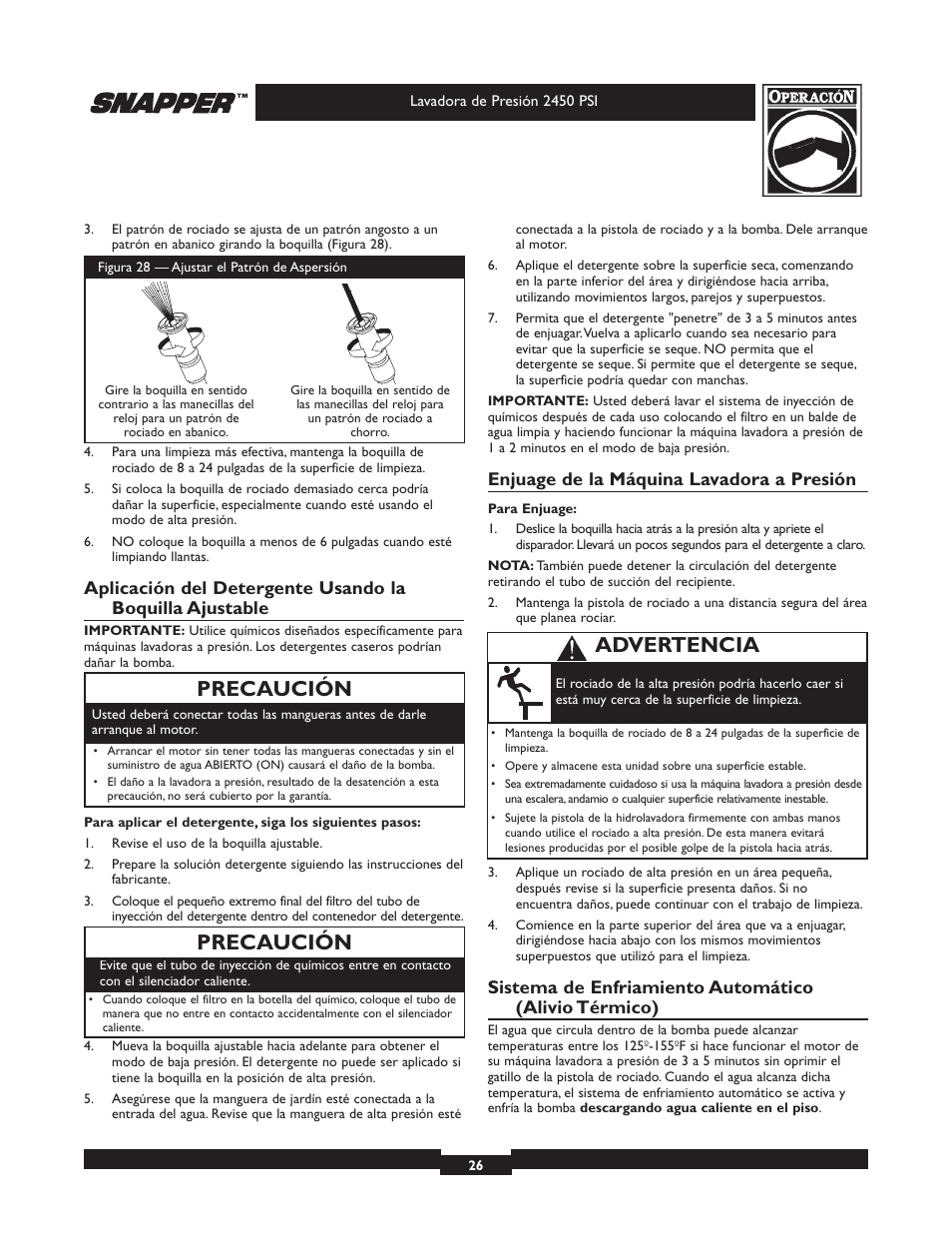 Precaución, Advertencia, Enjuage de la máquina lavadora a presión | Snapper 020229 User Manual | Page 26 / 32