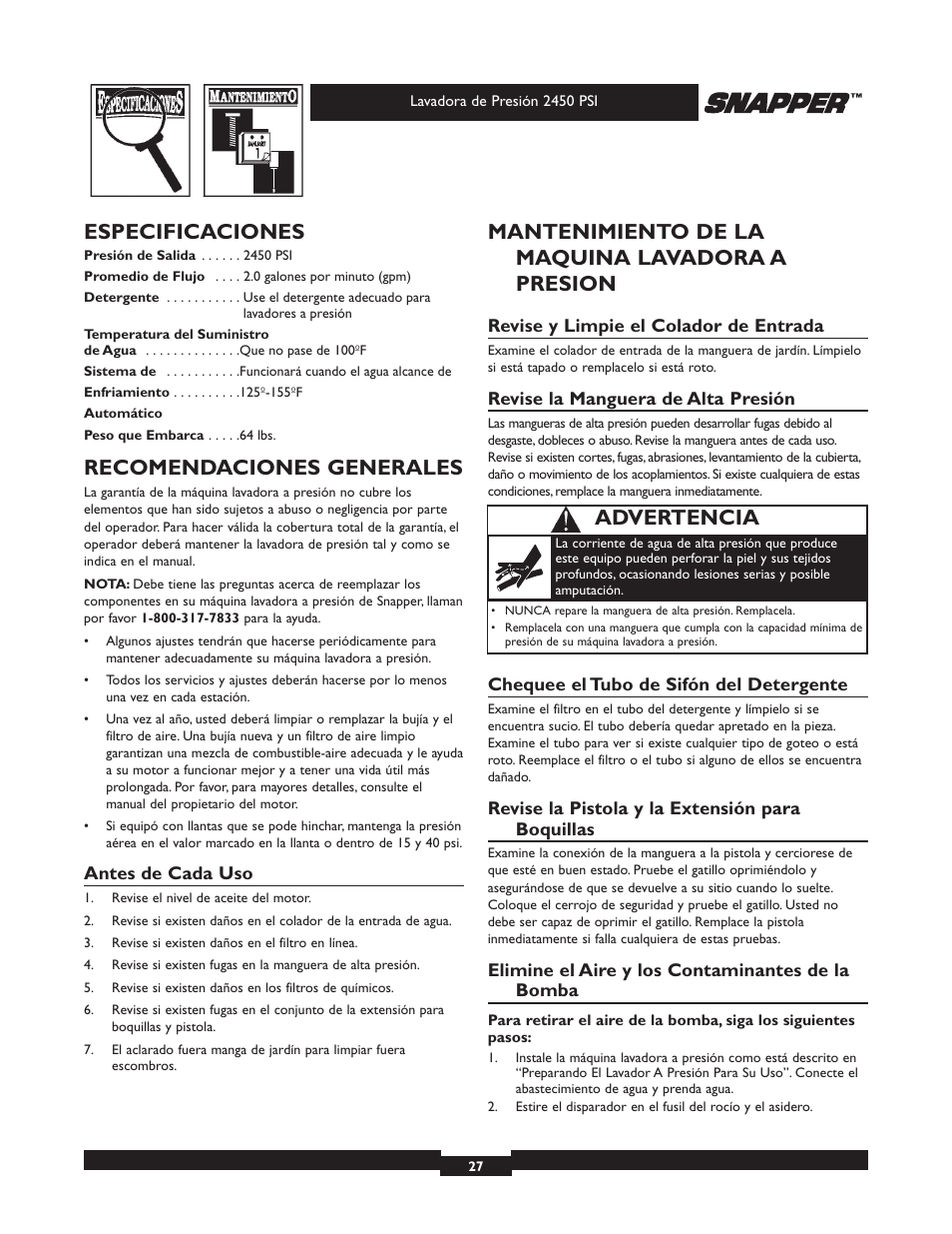 Especificaciones, Recomendaciones generales, Mantenimiento de la maquina lavadora a presion | Advertencia | Snapper 020229 User Manual | Page 27 / 32