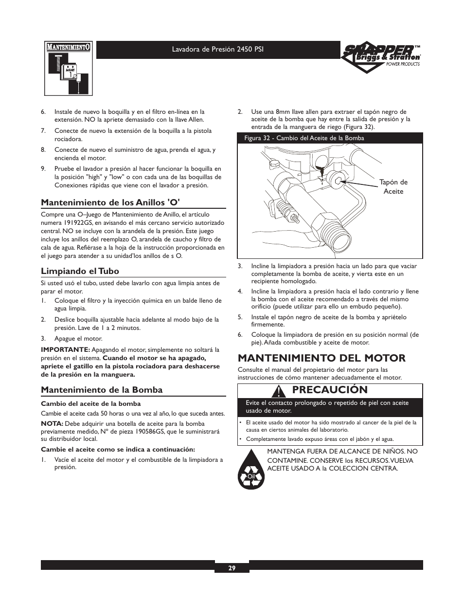 Mantenimiento del motor, Precaución, Mantenimiento de los anillos 'o | Limpiando el tubo, Mantenimiento de la bomba | Snapper 020229 User Manual | Page 29 / 32