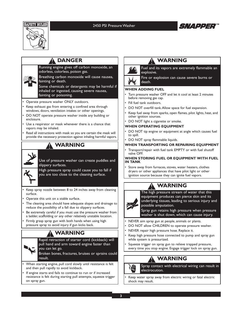 Warning, Danger | Snapper 020229 User Manual | Page 3 / 32