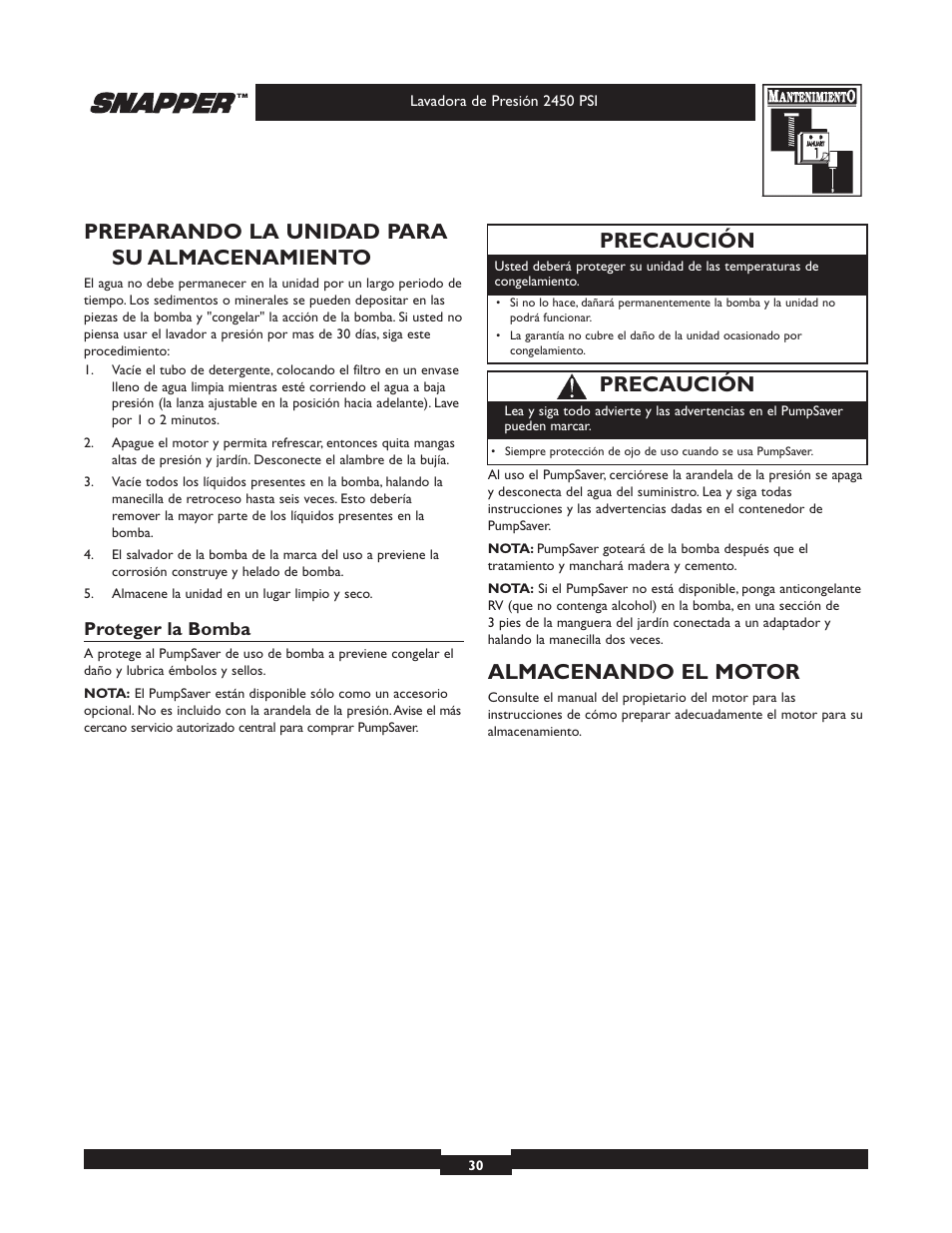 Preparando la unidad para su almacenamiento, Almacenando el motor, Precaución | Snapper 020229 User Manual | Page 30 / 32