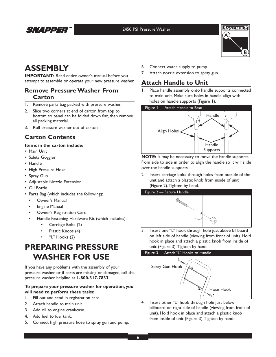 Assembly, Preparing pressure washer for use, Remove pressure washer from carton | Carton contents, Attach handle to unit | Snapper 020229 User Manual | Page 6 / 32
