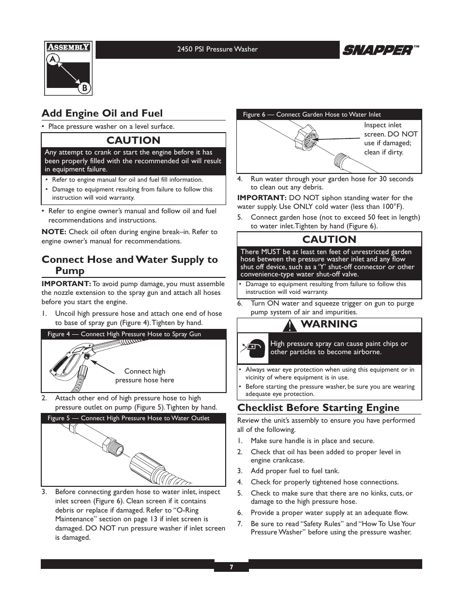 Add engine oil and fuel, Connect hose and water supply to pump, Checklist before starting engine | Caution, Warning | Snapper 020229 User Manual | Page 7 / 32