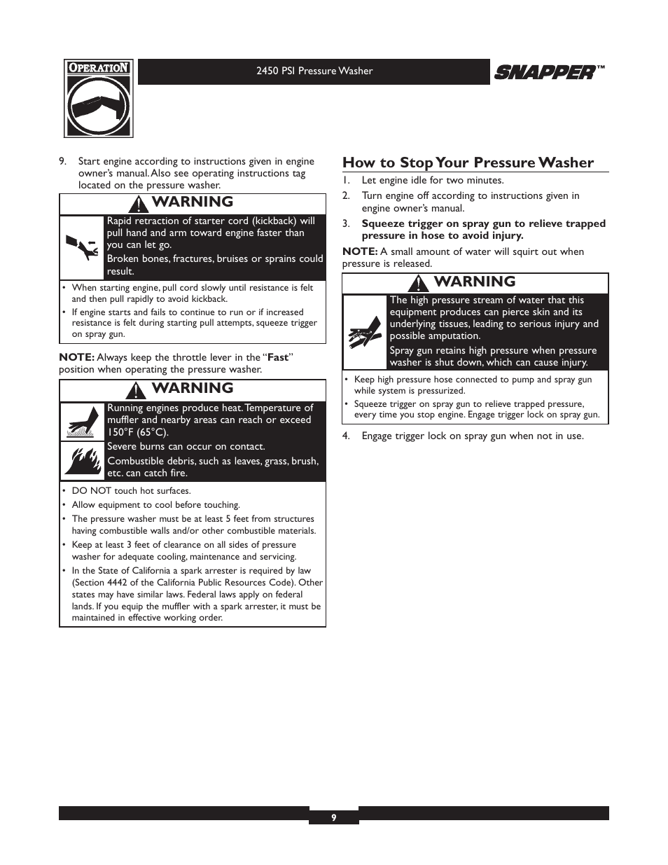 How to stop your pressure washer, Warning | Snapper 020229 User Manual | Page 9 / 32