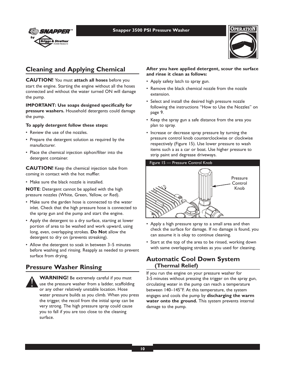 Cleaning and applying chemical, Pressure washer rinsing, Automatic cool down system | Snapper 1662-0 User Manual | Page 10 / 24