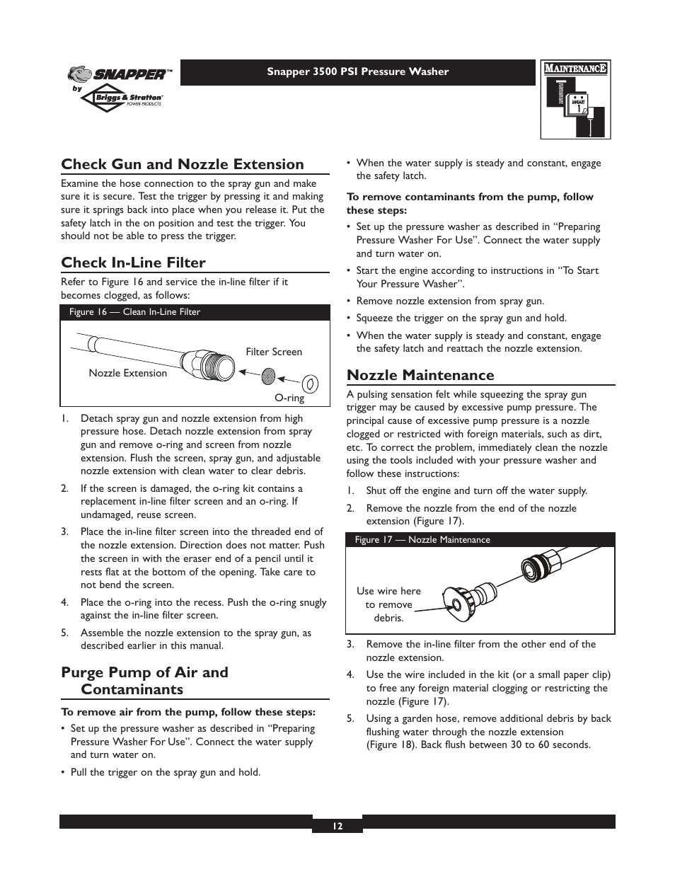 Check gun and nozzle extension, Check in-line filter, Purge pump of air and contaminants | Nozzle maintenance | Snapper 1662-0 User Manual | Page 12 / 24