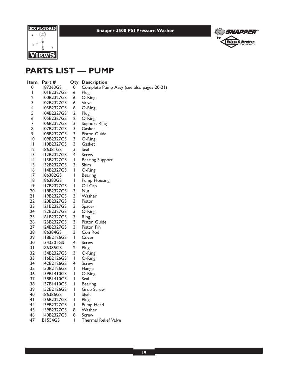 Parts list — pump | Snapper 1662-0 User Manual | Page 19 / 24