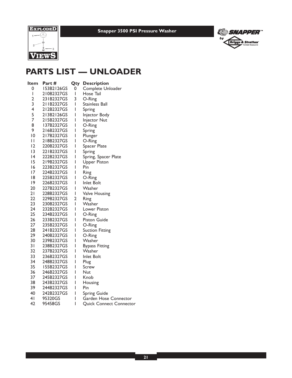 Parts list — unloader | Snapper 1662-0 User Manual | Page 21 / 24