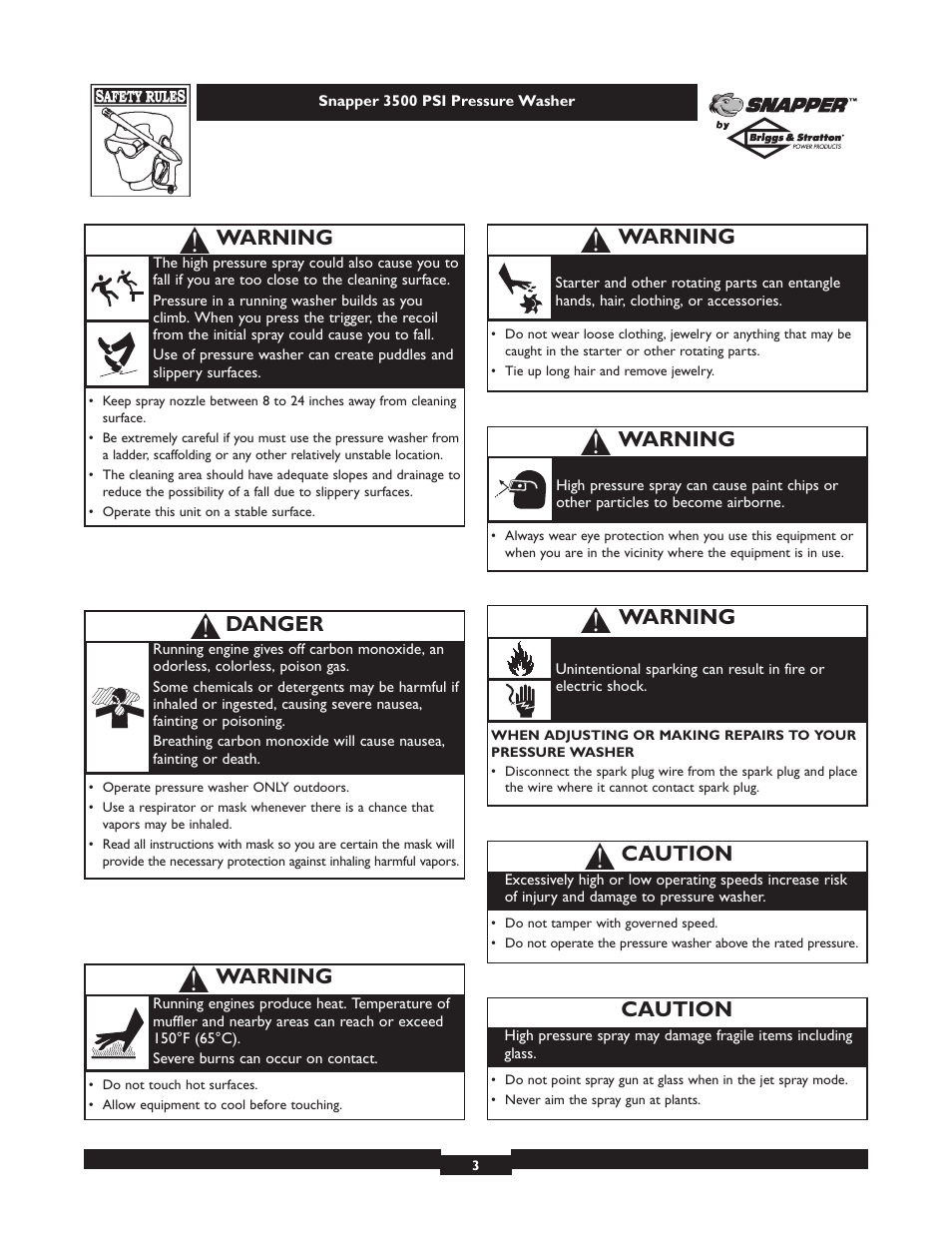 Danger, Warning, Caution | Snapper 1662-0 User Manual | Page 3 / 24