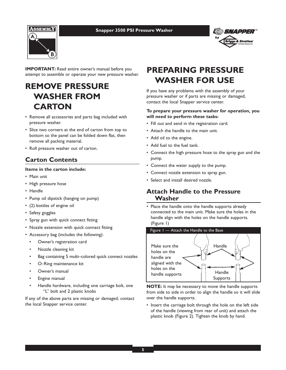 Remove pressure washer from carton, Preparing pressure washer for use, Carton contents | Attach handle to the pressure washer | Snapper 1662-0 User Manual | Page 5 / 24