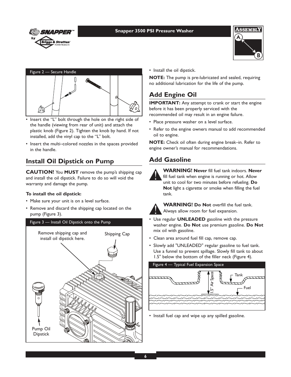 Install oil dipstick on pump, Add engine oil, Add gasoline | Snapper 1662-0 User Manual | Page 6 / 24