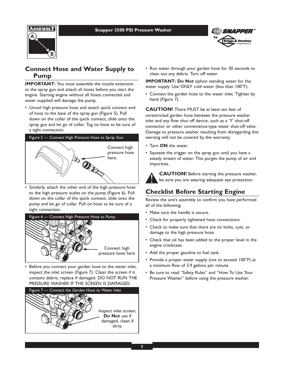 Connect hose and water supply to pump, Checklist before starting engine | Snapper 1662-0 User Manual | Page 7 / 24