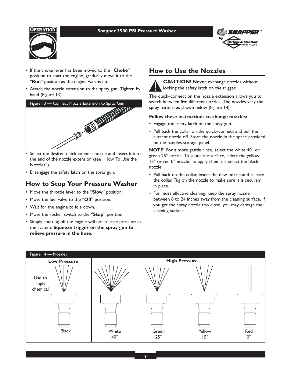 How to stop your pressure washer, How to use the nozzles | Snapper 1662-0 User Manual | Page 9 / 24