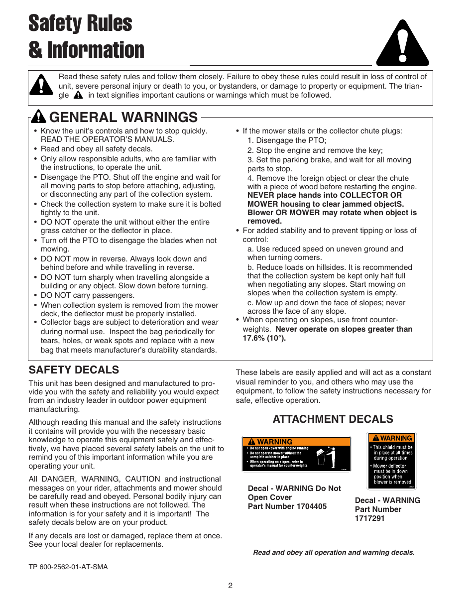 Safety rules & information, General warnings, Safety decals | Attachment decals | Snapper 1695064 User Manual | Page 4 / 18