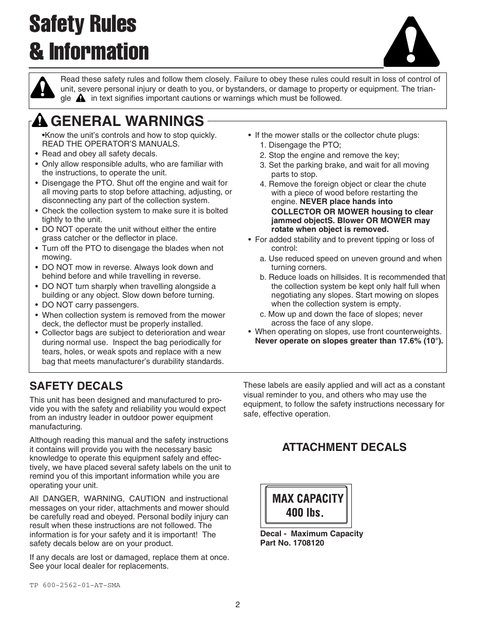 Safety rules & information, General warnings, Safety decals | Attachment decals | Snapper 1694542 User Manual | Page 3 / 14