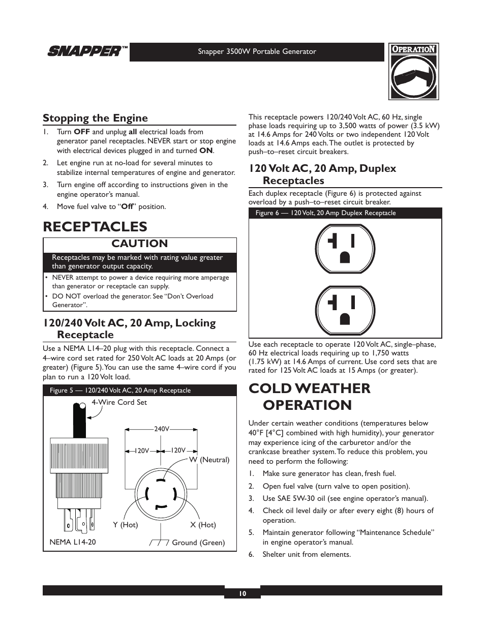 Receptacles, Cold weather operation, Stopping the engine | Caution | Snapper 3500 User Manual | Page 10 / 32