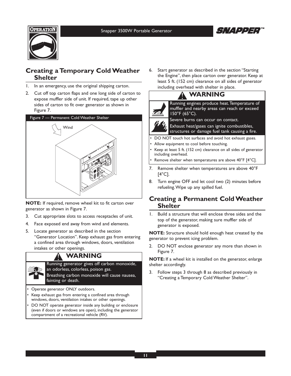 Creating a temporary cold weather shelter, Creating a permanent cold weather shelter, Warning | Snapper 3500 User Manual | Page 11 / 32