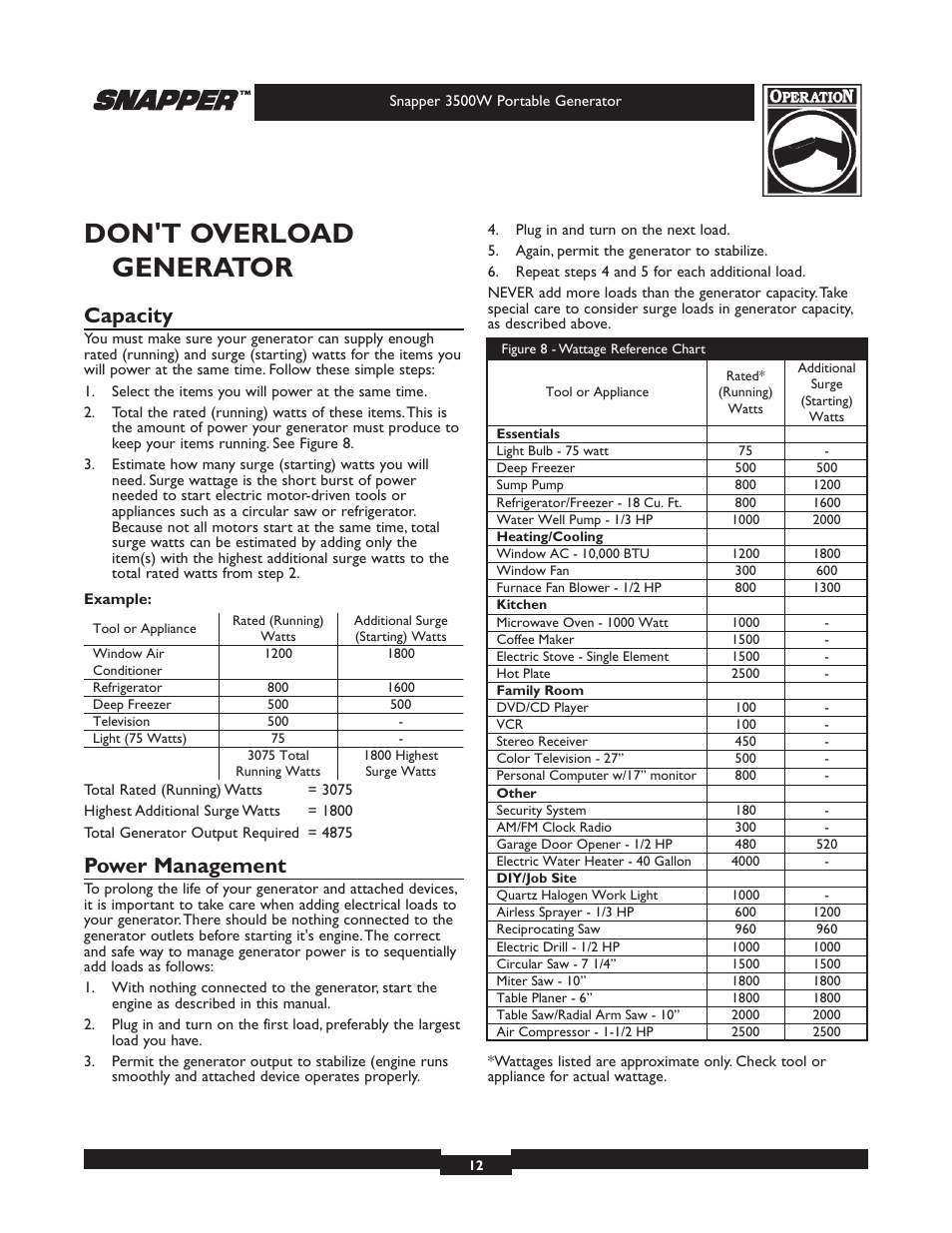 Don't overload generator, Capacity, Power management | Snapper 3500 User Manual | Page 12 / 32