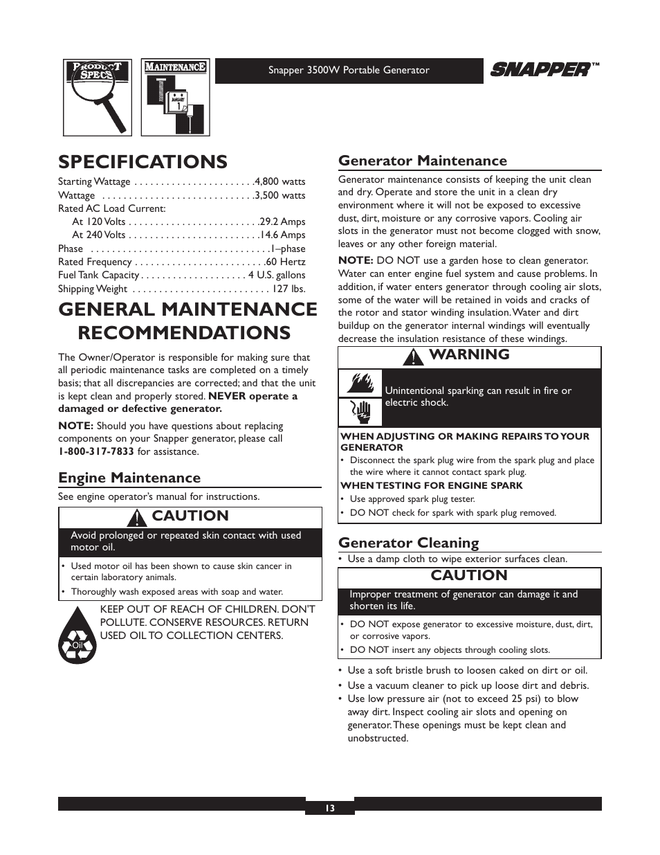 Specifications, General maintenance recommendations, Engine maintenance | Generator maintenance, Generator cleaning, Caution, Warning | Snapper 3500 User Manual | Page 13 / 32