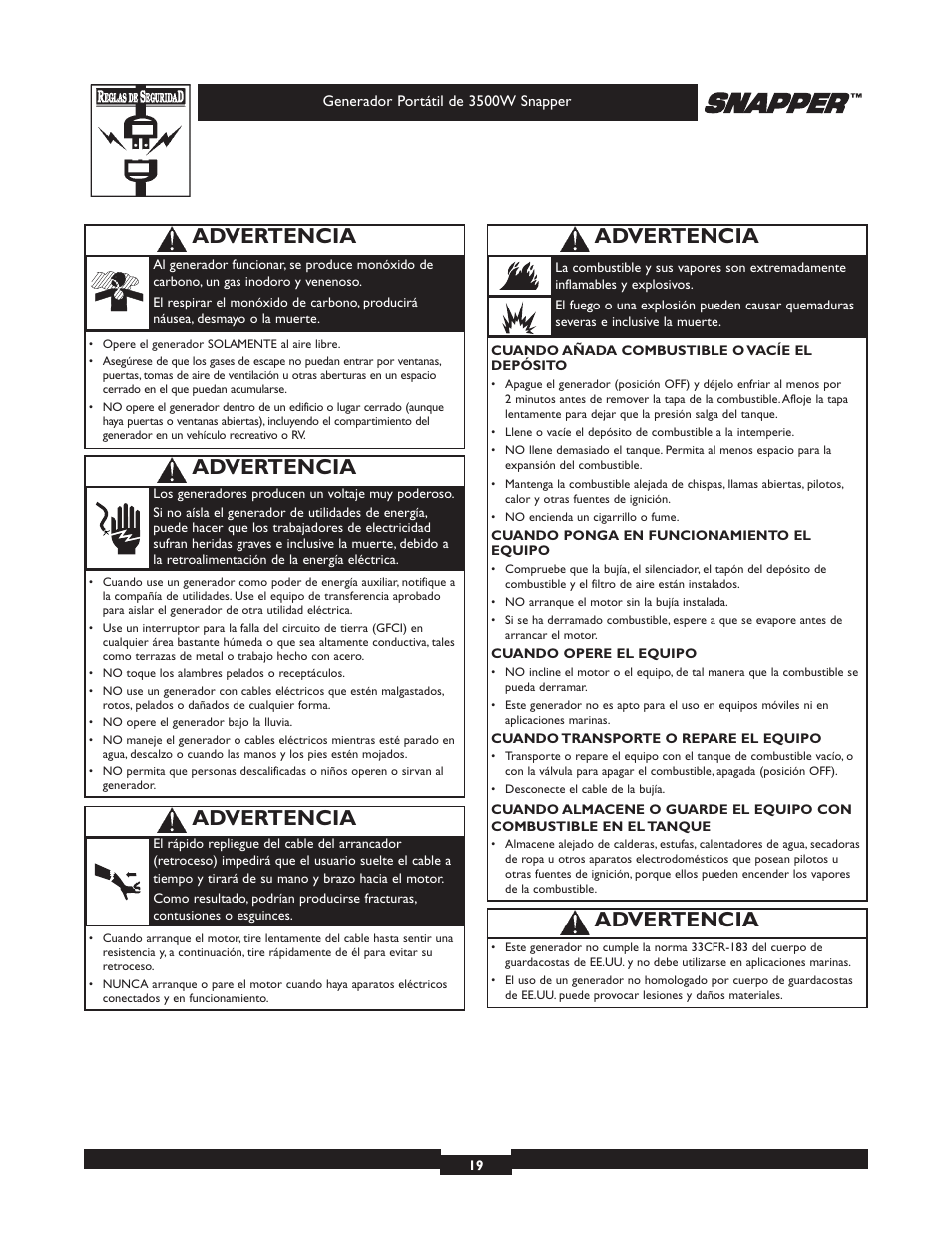 Advertencia | Snapper 3500 User Manual | Page 19 / 32