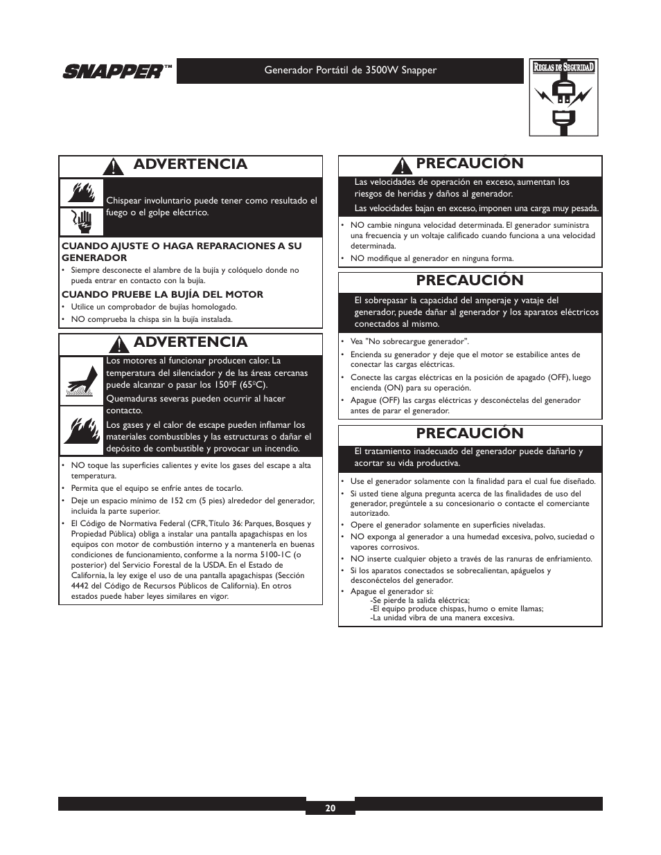 Precaución, Advertencia | Snapper 3500 User Manual | Page 20 / 32