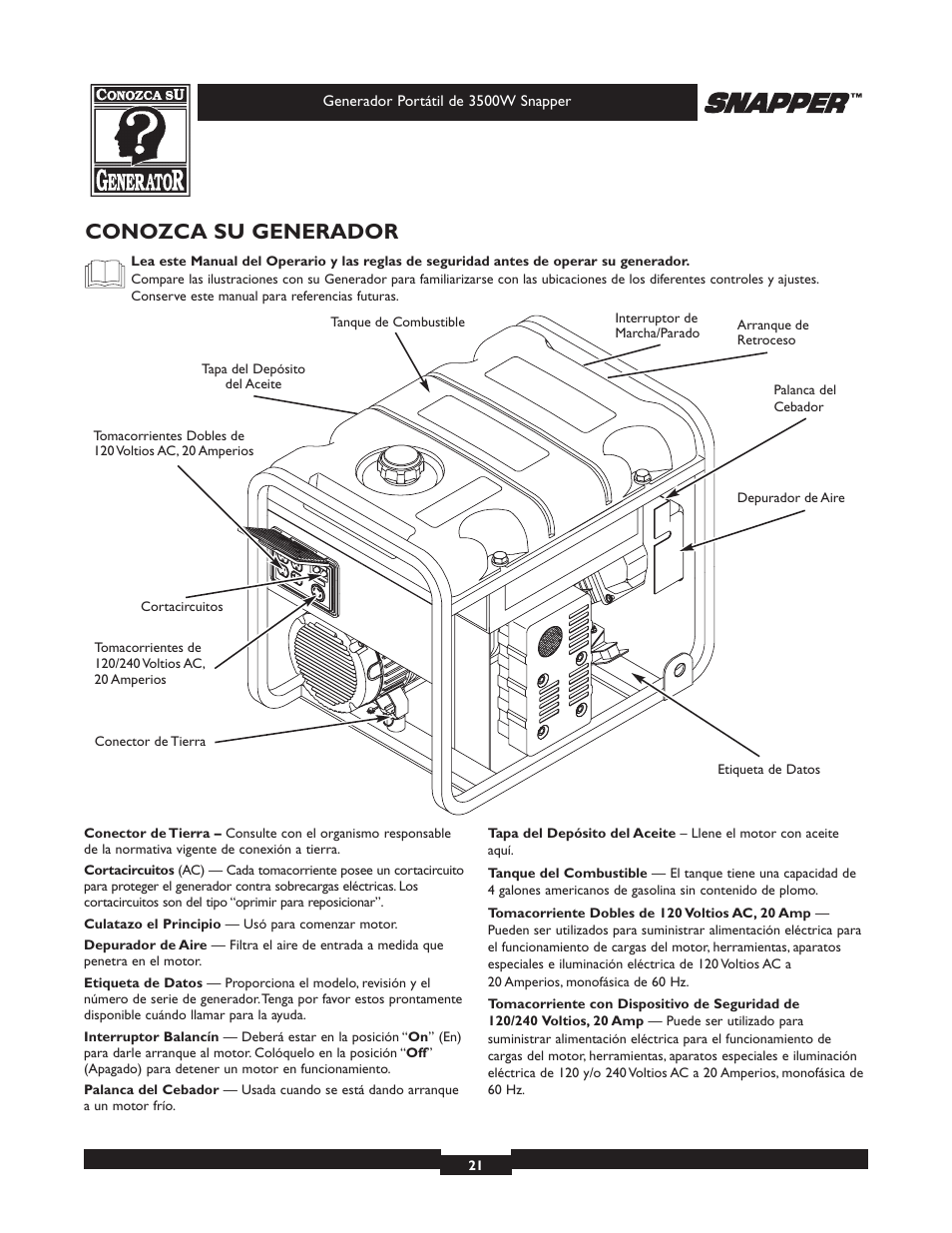 Conozca su generador | Snapper 3500 User Manual | Page 21 / 32