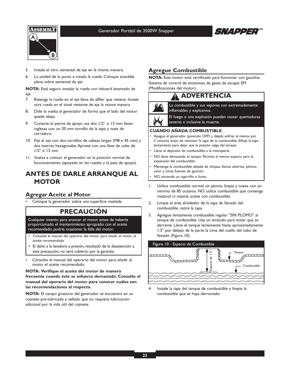 Antes de darle arranque al motor, Precaución, Advertencia | Agregar aceite al motor, Agregue combustible | Snapper 3500 User Manual | Page 23 / 32