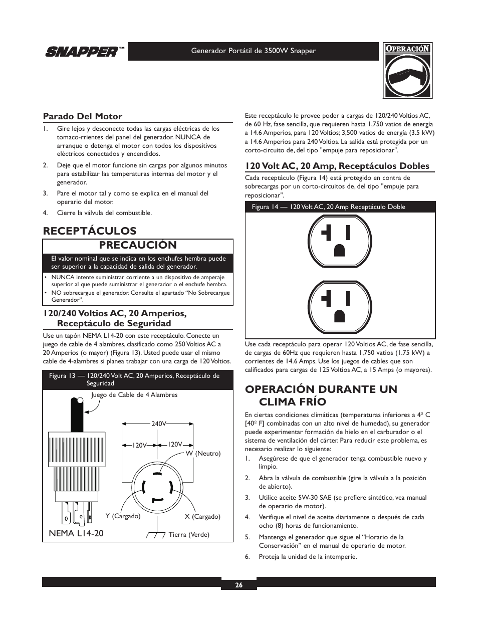 Receptáculos, Operación durante un clima frío, Precaución | Snapper 3500 User Manual | Page 26 / 32