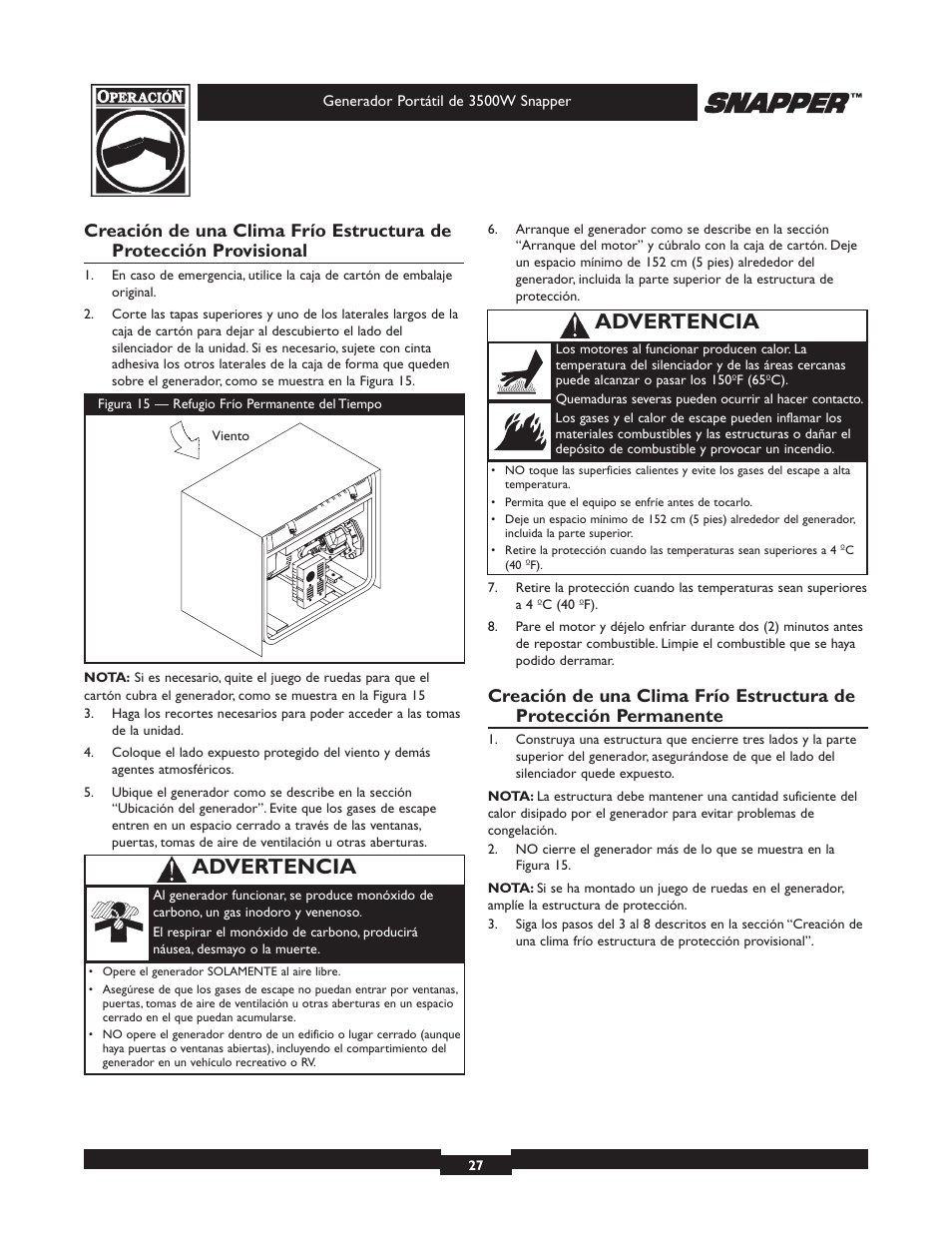 Advertencia | Snapper 3500 User Manual | Page 27 / 32