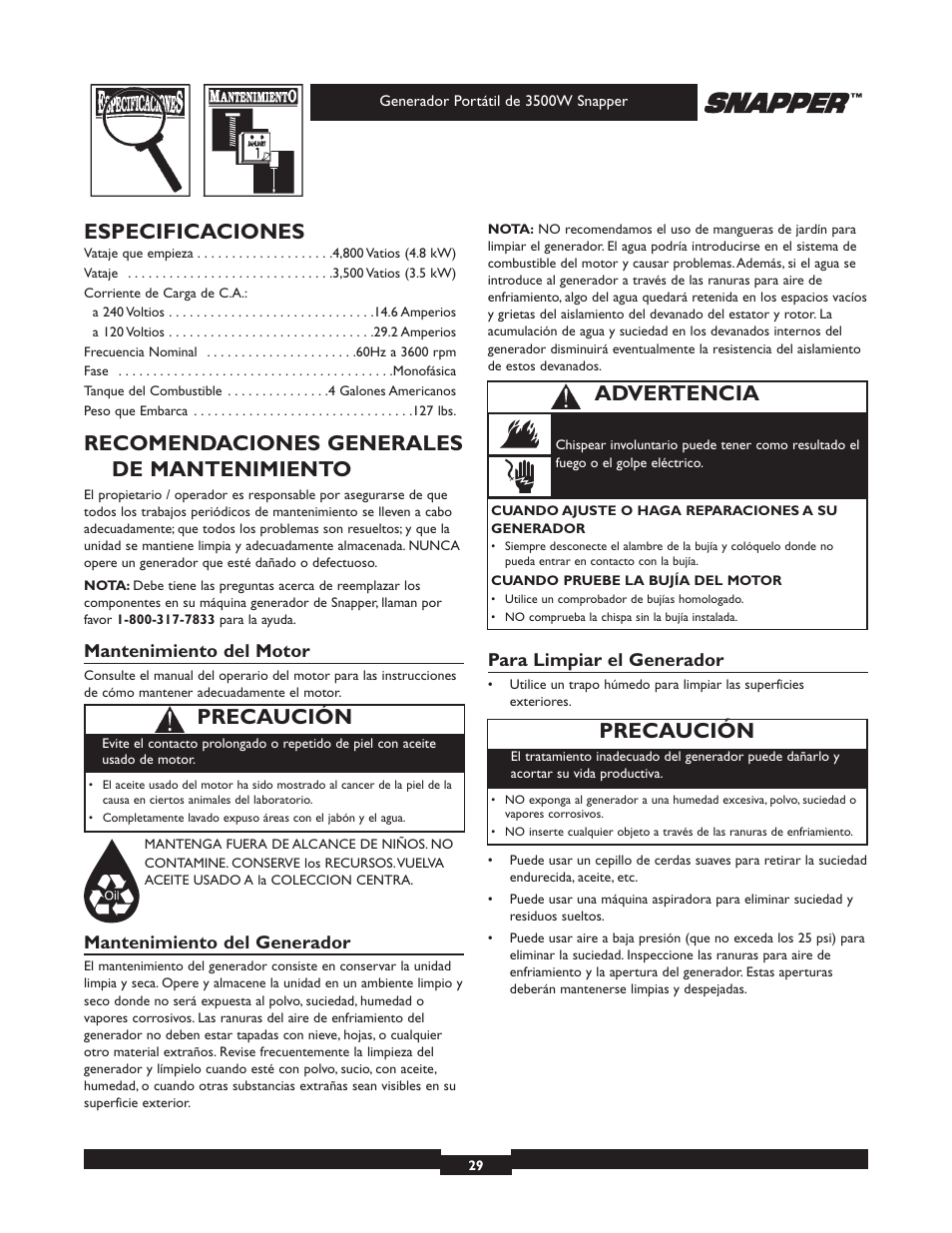 Especificaciones, Recomendaciones generales de mantenimiento, Precaución | Advertencia | Snapper 3500 User Manual | Page 29 / 32