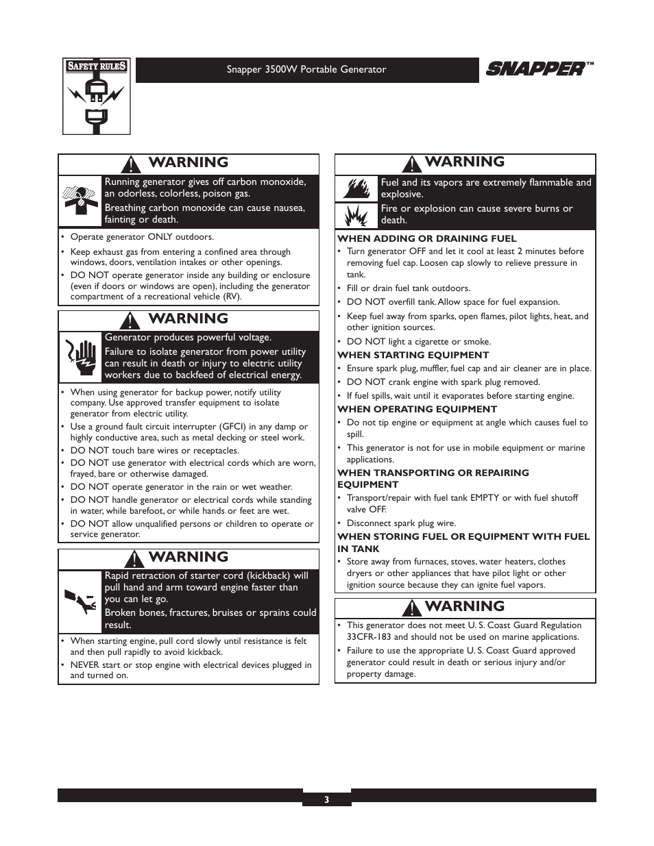 Warning | Snapper 3500 User Manual | Page 3 / 32