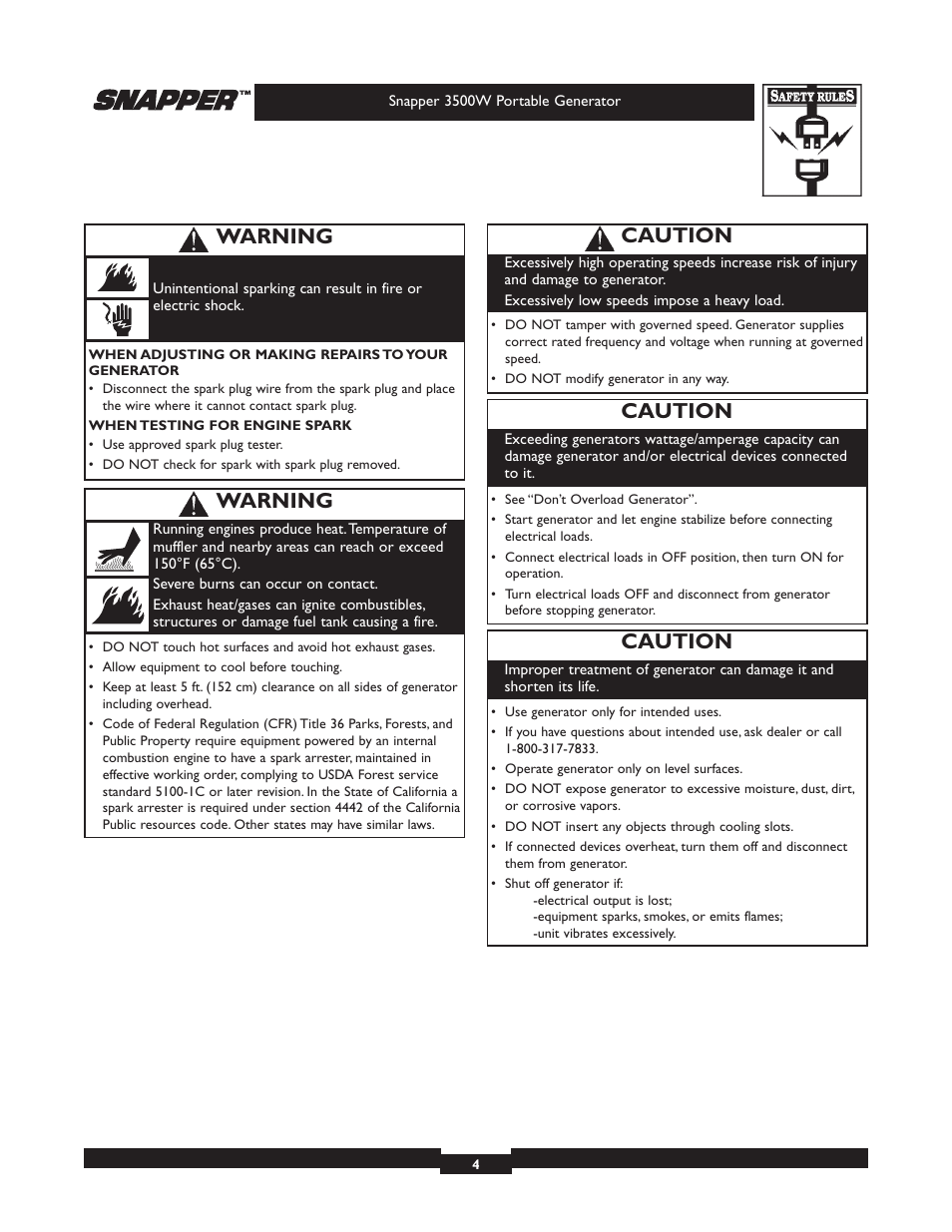 Caution, Warning | Snapper 3500 User Manual | Page 4 / 32