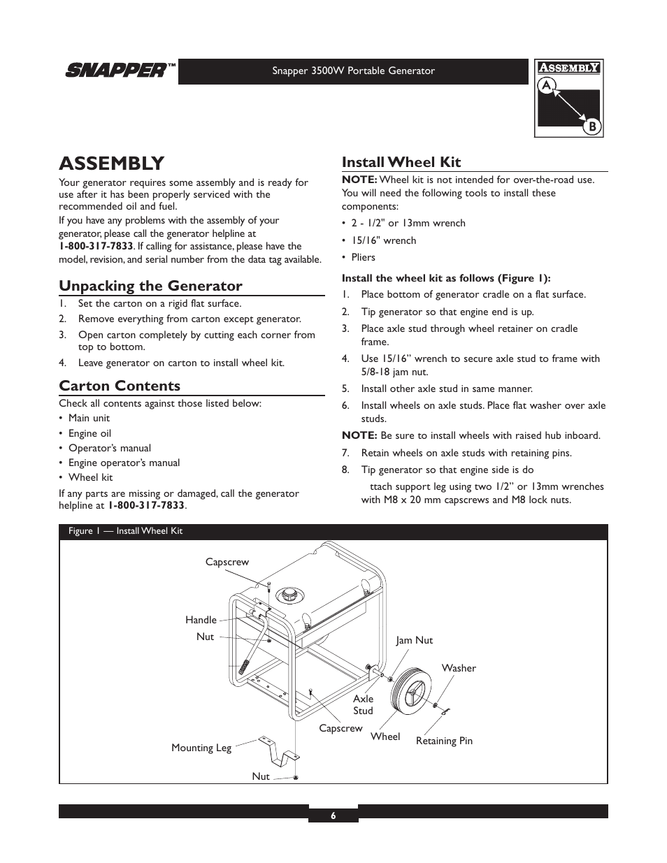 Assembly, Unpacking the generator, Carton contents | Install wheel kit | Snapper 3500 User Manual | Page 6 / 32