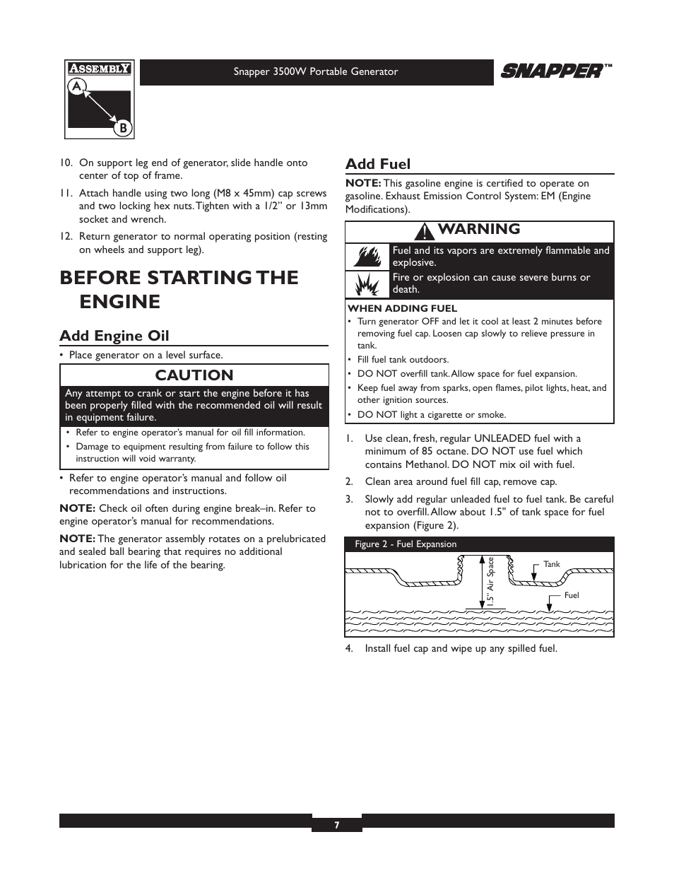 Before starting the engine, Add engine oil, Add fuel | Caution, Warning | Snapper 3500 User Manual | Page 7 / 32