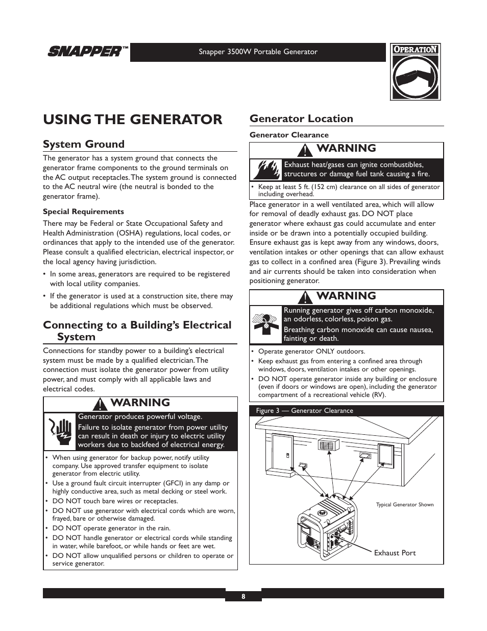 Using the generator, System ground, Connecting to a building’s electrical system | Generator location, Warning | Snapper 3500 User Manual | Page 8 / 32