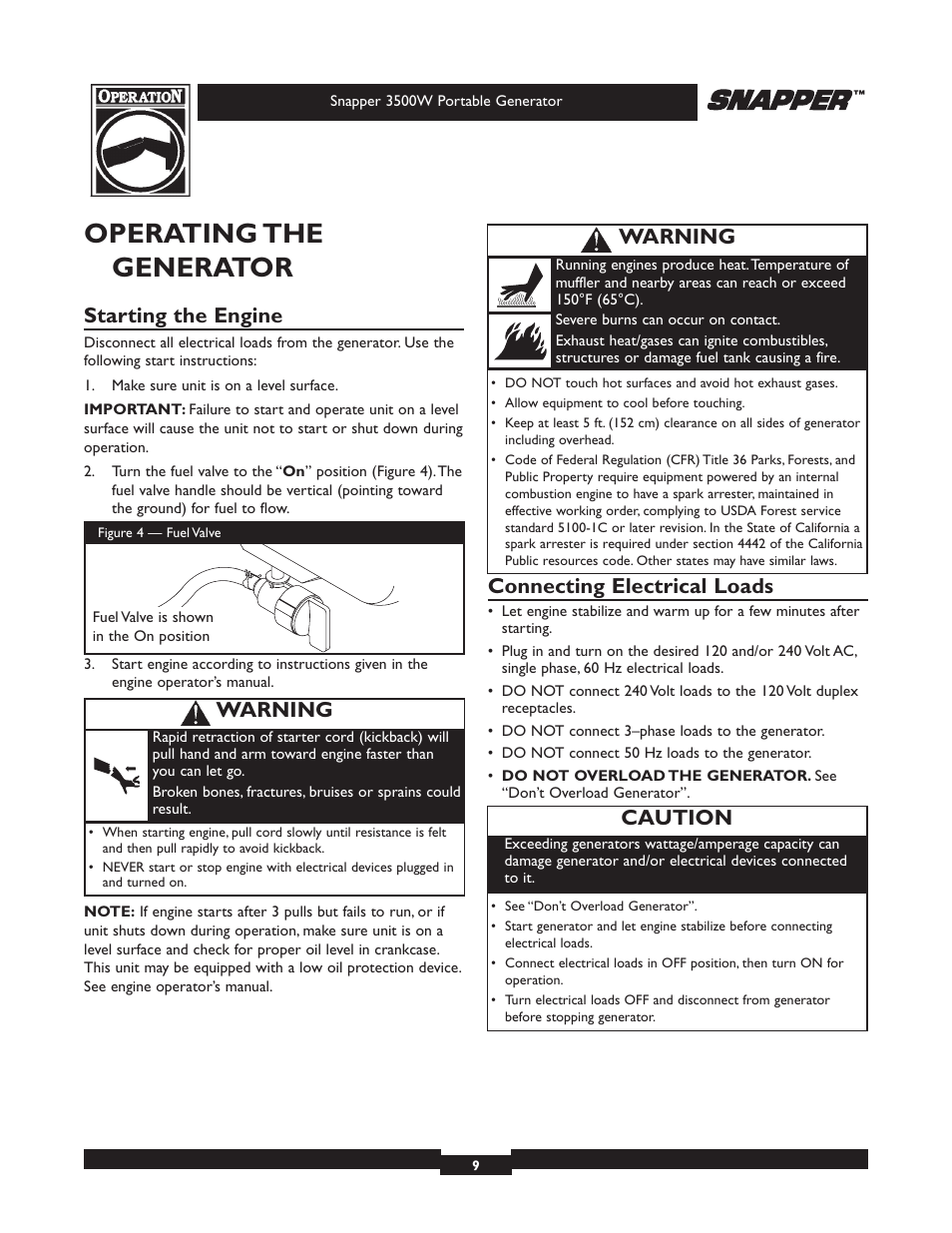 Operating the generator, Starting the engine, Connecting electrical loads | Caution, Warning | Snapper 3500 User Manual | Page 9 / 32