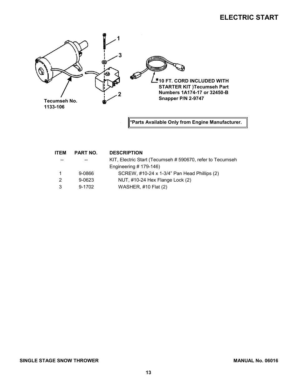 Electric start | Snapper SX5200E -1 User Manual | Page 13 / 16