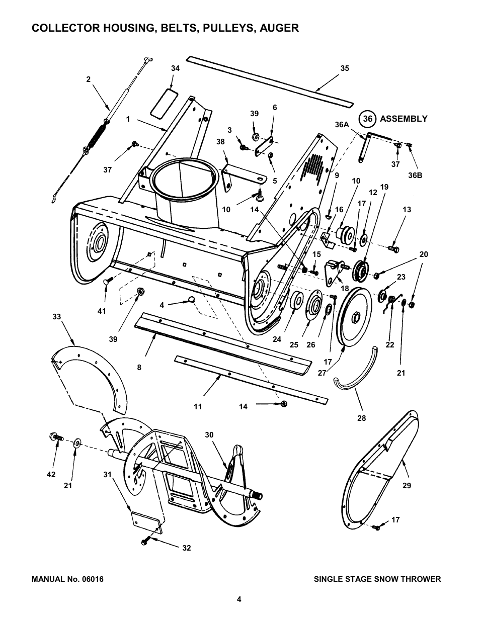 Collector housing, belts, pulleys, auger | Snapper SX5200E -1 User Manual | Page 4 / 16