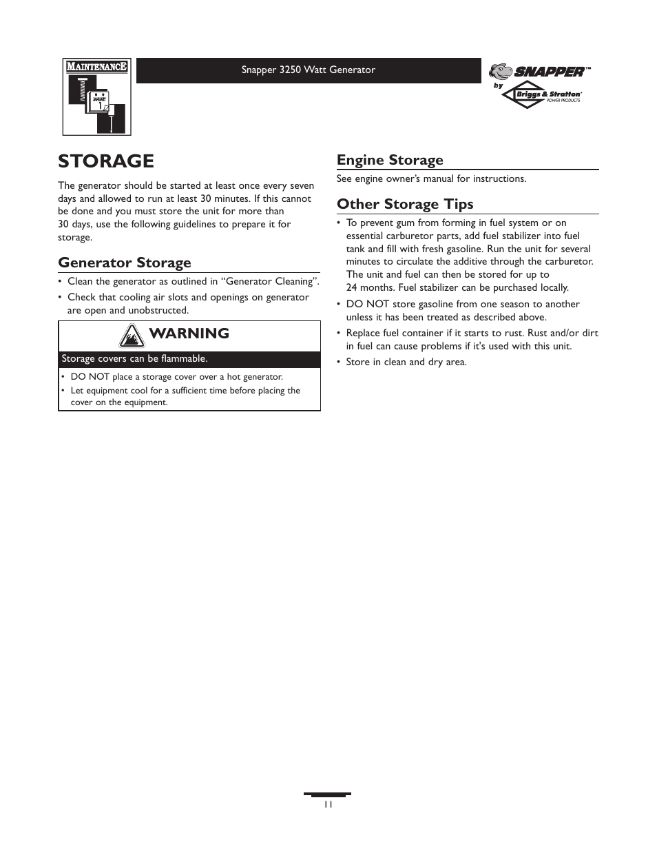 Storage, Generator storage, Engine storage | Other storage tips, Warning | Snapper 1667-0 User Manual | Page 11 / 20