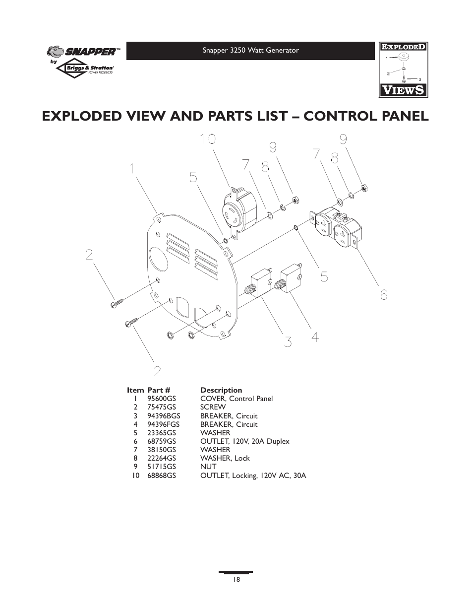 Exploded view and parts list – control panel | Snapper 1667-0 User Manual | Page 18 / 20