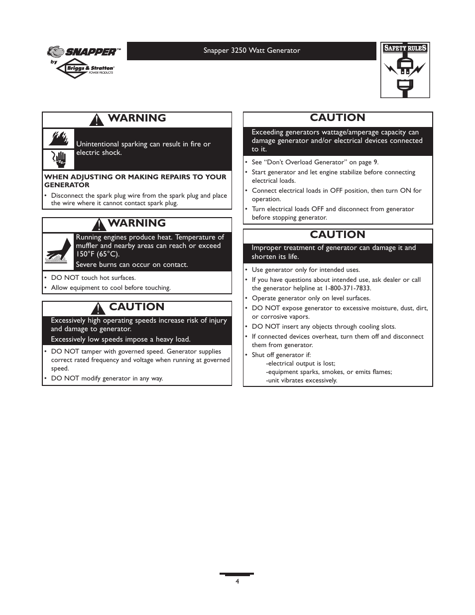 Warning, Caution | Snapper 1667-0 User Manual | Page 4 / 20