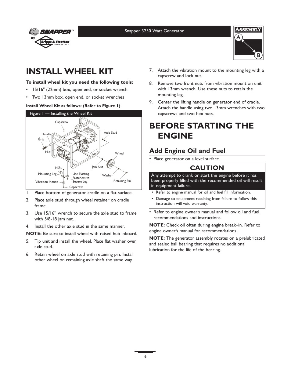 Install wheel kit, Before starting the engine, Add engine oil and fuel | Caution | Snapper 1667-0 User Manual | Page 6 / 20