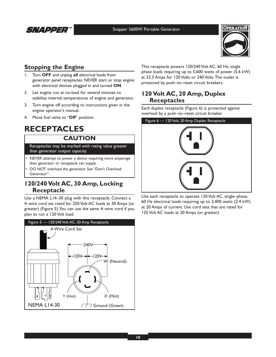 Receptacles, Stopping the engine, Caution | Snapper 030215-1 User Manual | Page 10 / 28