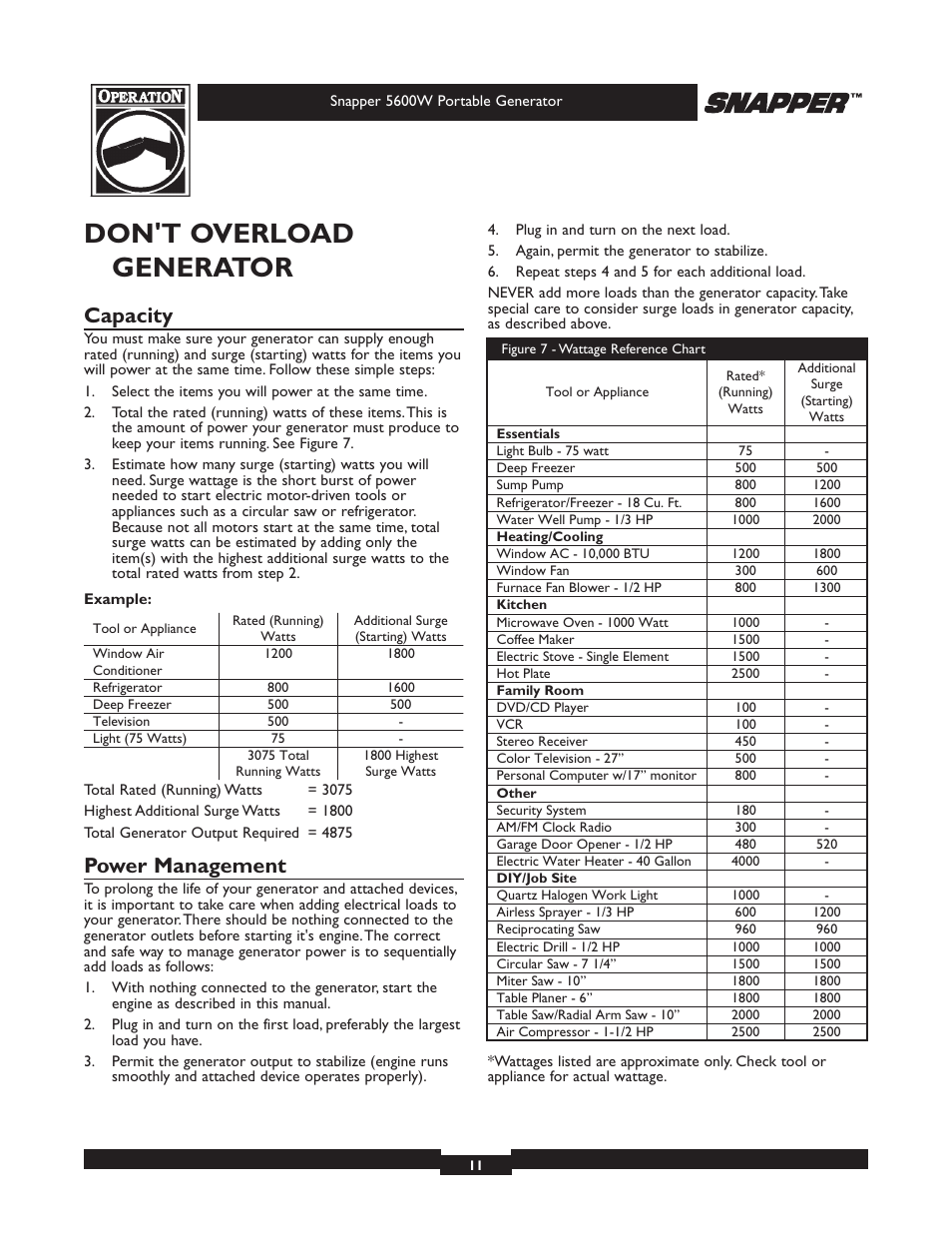 Don't overload generator, Capacity, Power management | Snapper 030215-1 User Manual | Page 11 / 28