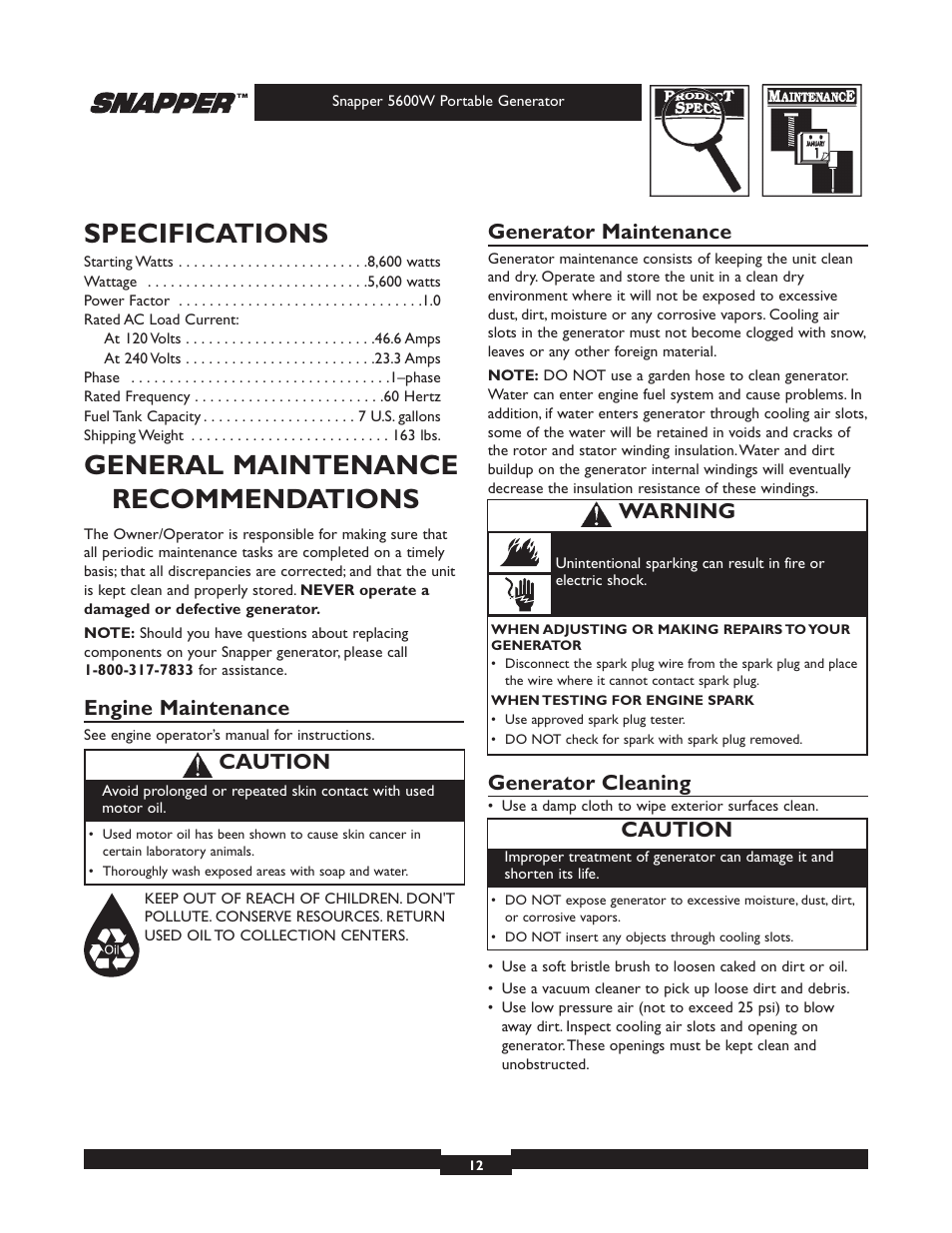 Specifications, General maintenance recommendations, Engine maintenance | Generator maintenance, Generator cleaning, Caution, Warning | Snapper 030215-1 User Manual | Page 12 / 28