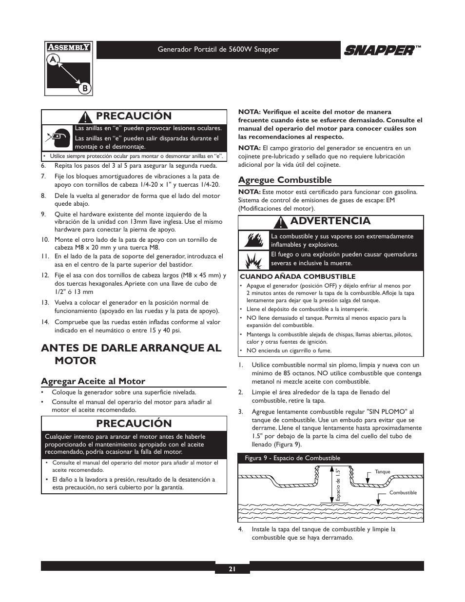 Antes de darle arranque al motor, Precaución, Advertencia | Agregar aceite al motor, Agregue combustible | Snapper 030215-1 User Manual | Page 21 / 28