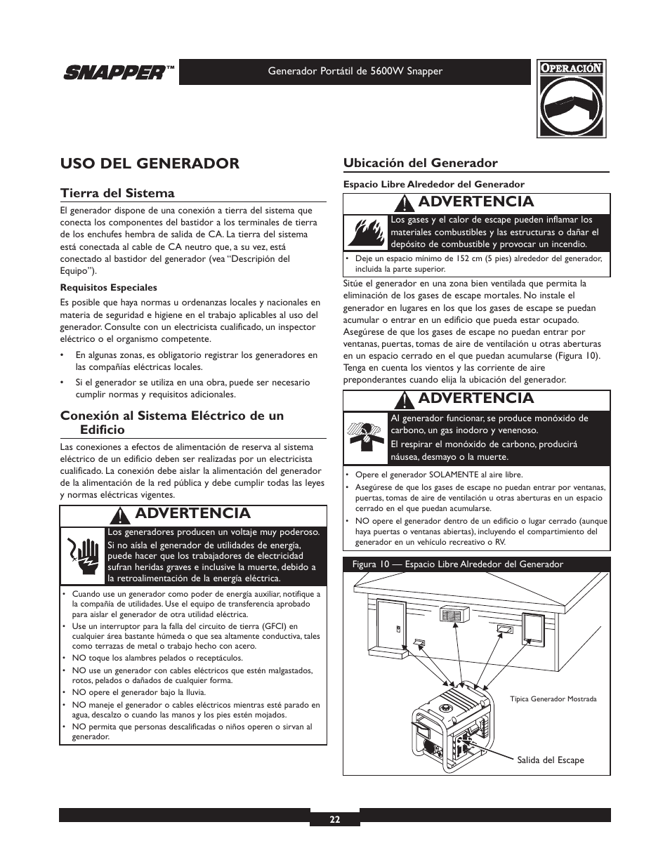 Uso del generador, Advertencia, Tierra del sistema | Conexión al sistema eléctrico de un edificio, Ubicación del generador | Snapper 030215-1 User Manual | Page 22 / 28