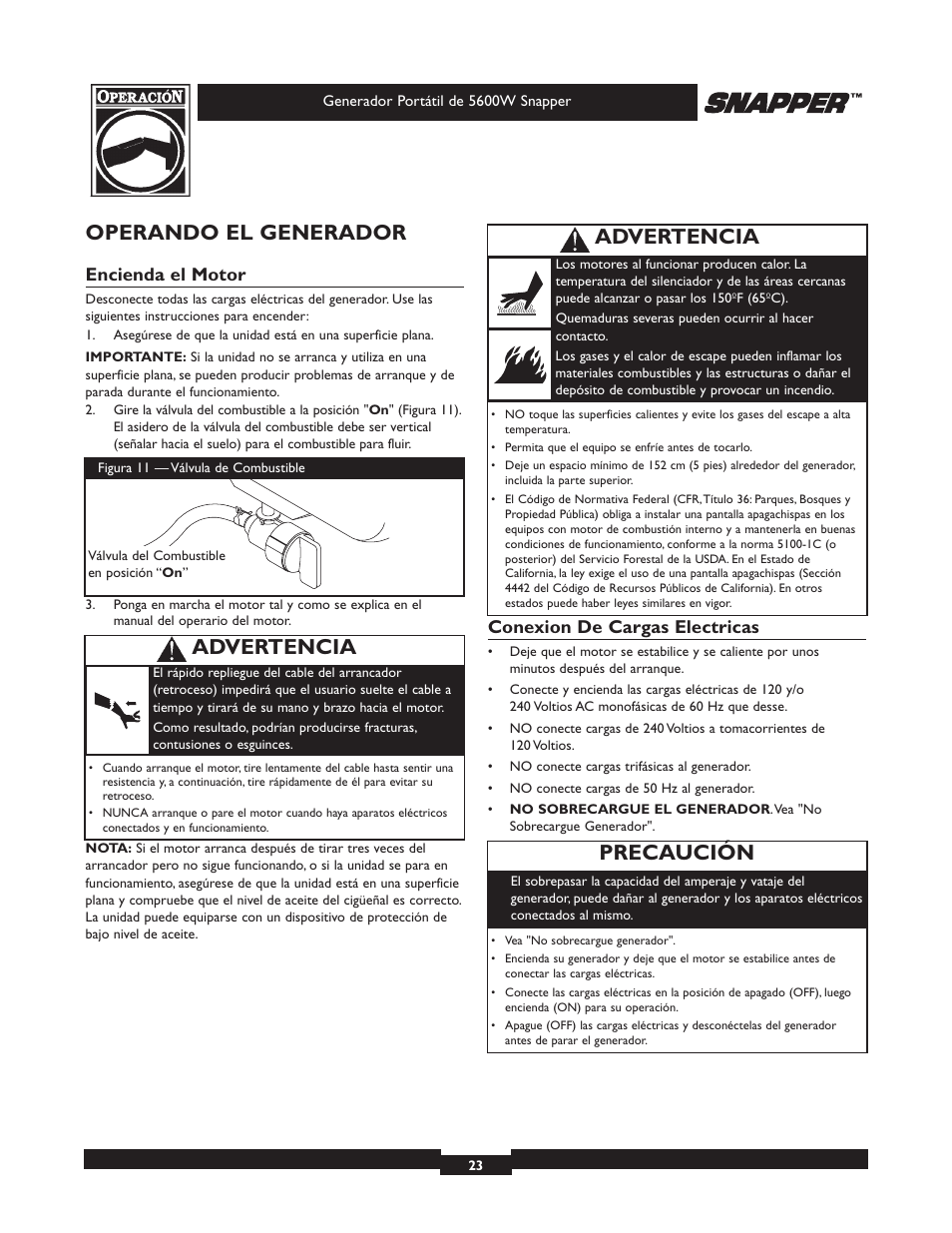 Operando el generador, Precaución, Advertencia | Encienda el motor, Conexion de cargas electricas | Snapper 030215-1 User Manual | Page 23 / 28